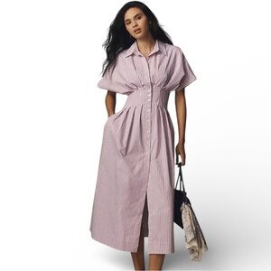 Exquise Anthropologie Midi Shirt Dress Tobie Purple Striped Button Pleated XS